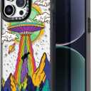 Compatible for iPhone 15 Pro Max Case Cute Aesthetic - Durable Fashion Funny Phone Case - Girly UFO Pattern Print Cover Design for Woman Girl 6.7 inches Black