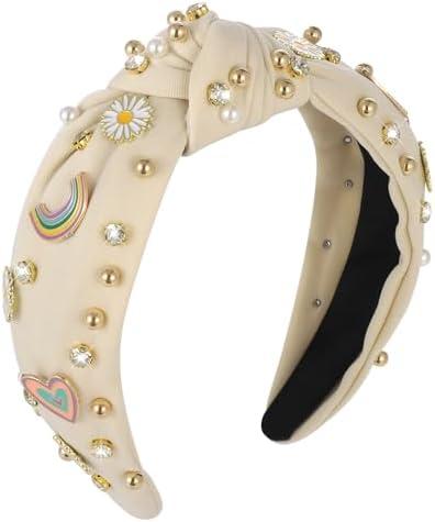 XLSXEXCL Boho Rainbow Daisy Headband - Pearl Knotted Twist Headpiece for Women & Girls, Beige, Sparkly Crystal Rhinestone