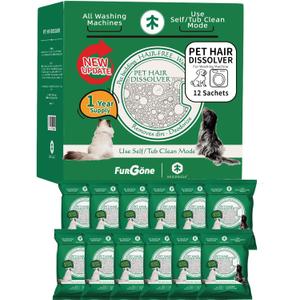 FURGONE Pet Hair Dissolver Washing Machine Cleaner Powder, 12 Sachets | Cleans pet bedding and washer tubs to remove pet hair, odors and residue. Designed for dog and cat homes, 1-Year Supply