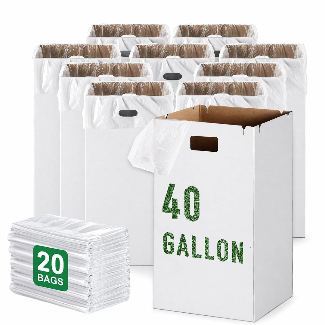 40 Gallon Disposable Cardboard Trash Cans (10 Pack), Extra Strong Corrugated Garbage and Recycling Containers with 20 Liners, White Pop Up Trash Bins with Handles for Outdoor Party, Festival, Concert