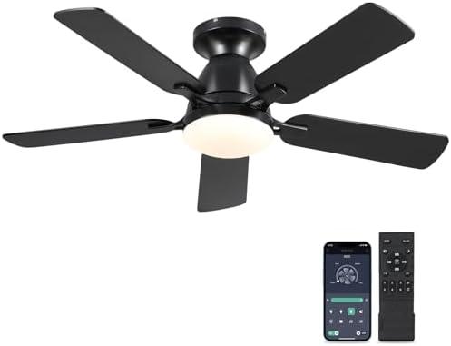 Ceiling Fans with Lights- 46" Low Profile Indoor Ceiling Fan with Light and Remote/APP Control, Flush Mount, LED Dimmable DC Reversible Modern Ceiling Fan for Bedroom（Black）