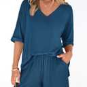 PRETTYGARDEN Womens 2 Piece Sets 2026 Oversized Vneck Half Sleeve Tops Shorts Lounge Set Casual Summer Travel Beach Outfits (Blue, S)