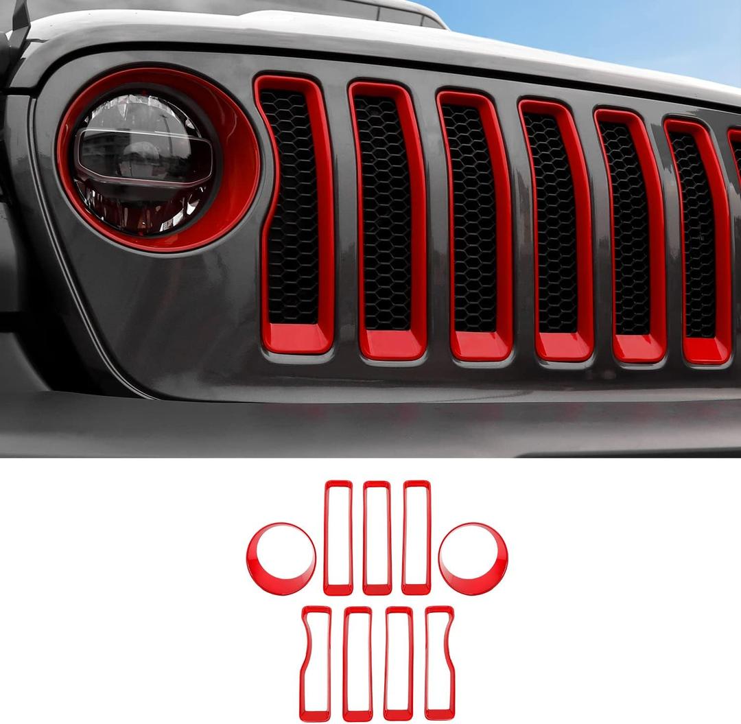 JeCar Red Grille Inserts & Headlight Cover for 2018-2022 Jeep Wrangler JL Sport & Sport S Only (Not for Jeep Gladiator JT and some Wrangler JL models)