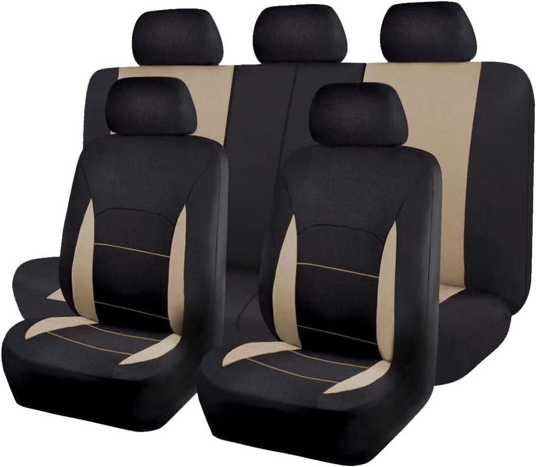 Flying Banner Car Seat Covers Set Beige Tan Front Seats Rear Bench Polyester car seat Protectors Easy installations Rear Bench Split Classic Man Lady Truck