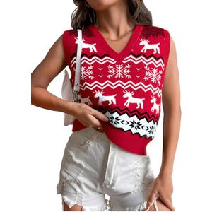 JULYCLO Christmas Sweater Vest Women Ugly Xmas Reindeer Knit Sweaters Casual Santa Snowflake V Neck Sleeveless Outwear Tops (Red-1)