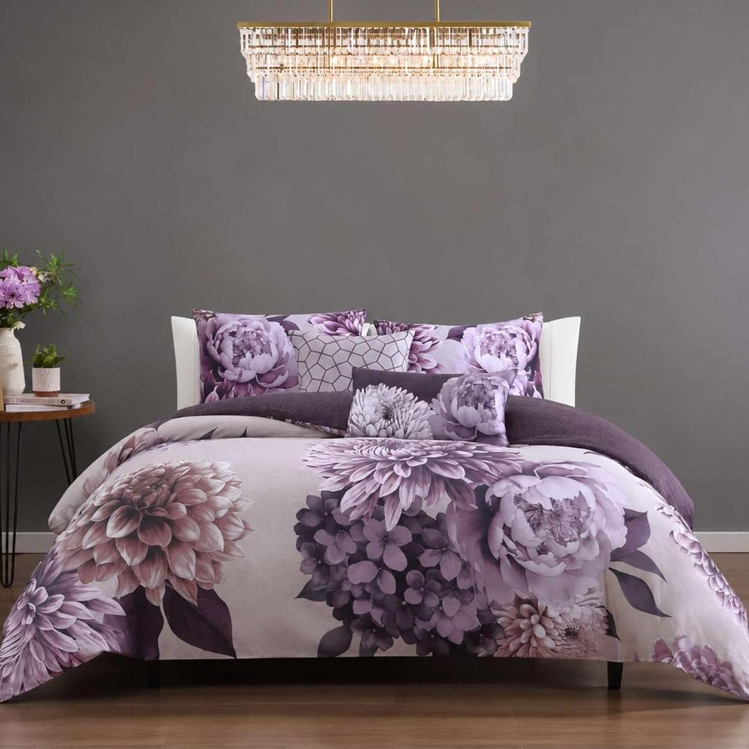 Bebejan Plum Petal 5 Piece Comforter Set, 100% Cotton Sateen, 220 Thread Count, Purple Floral Reversible Bedding Comforter Set, 1 Comforter, 2 Shams & 2 Pillows (Full/Queen)