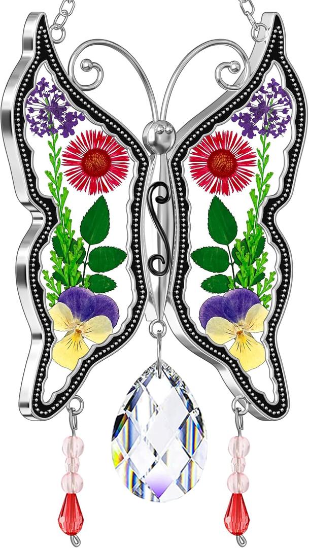 KY&BOSAM Butterfly Suncatcher Mom Gifts Stained Glass Suncatchers for Windows Hangings Wind Chime with Pressed Real Flower Wings with Crystal Charm Birthday Gifts for Mom Mother`s Day Home Decor