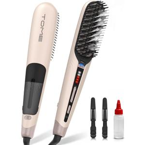 Tome Steam Straighteners for Hair, Negative Ion Hair Straightener Brush to Manage & Shape, Wide Hot Comb for Medium to Thick Hair, Steam Brush for Women, Pink
