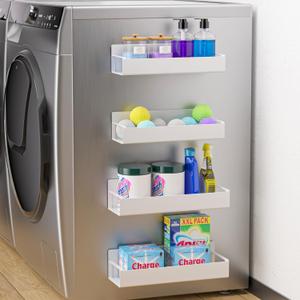 4 Pack Magnetic Laundry Organizer, Heavy Duty Magnetic Shelf For Washer And Dryer, White, Iron