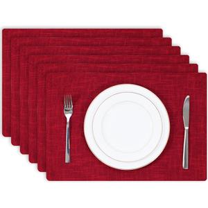 Kevin Textile Christmas Burlap Linen Placemats Set of 6 Heat Resistant Dining Table Place Mats Washable Kitchen Table Mats for Dinning Party Holiday Indoor Outdoor, 13 x19 inches, Burgundy