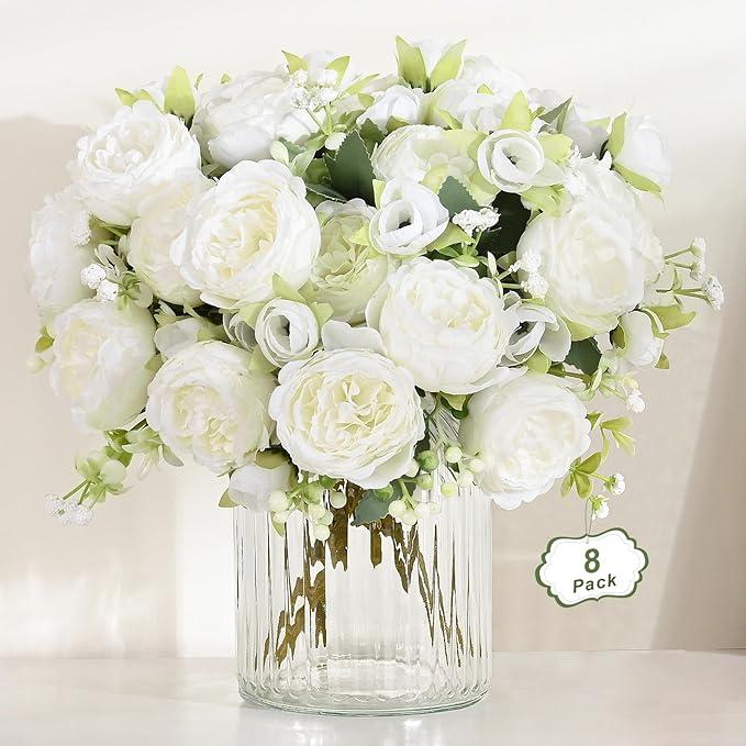 MARTINE MALL 8 Packs Peonies Artificial Flowers, Champagne Artificial Peonies, Silk Peonies Flowers Fake Peonies Artificial Flowers Peonies Bouquet for Centerpiece Table Wedding Party Home Decor