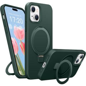Soft Liquid Silicone Case for iPhone 13/14 with Magnetic Invisible Stand, Military Grade Shockproof Protection, Anti-Scratch Microfiber Lining Covers for iPhone 14/13, Pine Green
