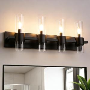 Bathroom Light Fixtures, 4-Light Vanity Lights with Clear Glass Shades, Matte Black Bathroom Light Fixtures Over Mirror, 27.5'' Modern Wall lamp for Mirror Living Room Cabinet Bedroom