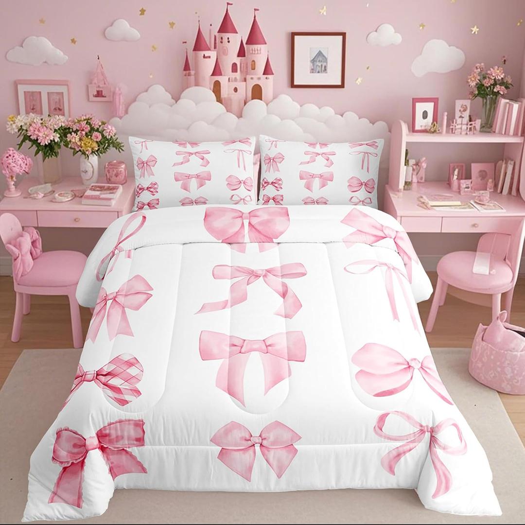 Erosebridal Dreamy Coquette Bow Comforter Set Twin Size,Fantasy Coquette Bowknot Bedding for Kids Girls Teens,Trendy Pink Bow Bed Sets for Preppy Princess Fashion Modern Aesthetic Girly Cute Quilt (Coral Pink White)