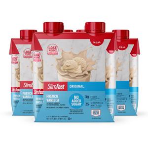 SlimFast Meal Replacement Shake, Original French Vanilla, No Added Sugar, Meal Replacement Shakes, 10g Ready to Drink Protein, 5g Fiber, 25 Vitamins and Minerals, 11 Fl. Oz, 12 Count