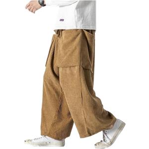 GUOYUXIAO Spring/Summer Plus Size Retro Corduroy Straight Wide-Leg Pants,Chinese Style Casual Pants for Men (Large, Khaki)