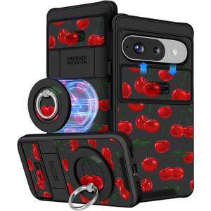 Buleens for Google Pixel 9 Case/Pixel 9 Pro Case - with Ring Stand & Camera Cover Aesthetic Cute Designed Women Girls Girly Pretty Kawaii Cherry for Pixel 9/9 Pro Phone Case Compatible with Magsafe