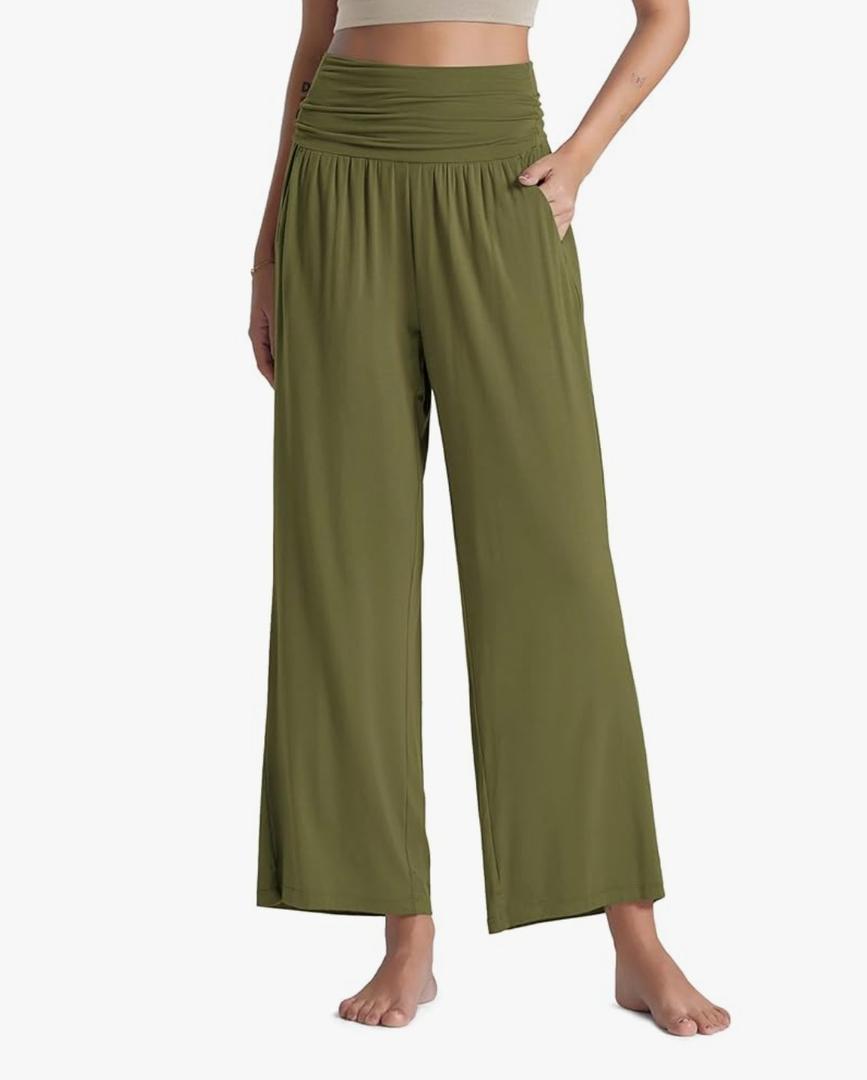 ODODOS Women's Wide Leg Palazzo Lounge Pants with Pockets Light Weight Loose Comfy Casual Pajama Pants-26/28/30"/32" Inseam, Army, M