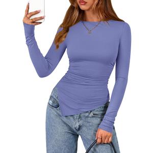 BTFBM Asymmetrical Tops for Women Long Sleeve Shirts Fall 2025 Ruched Slit Fitted Basic Tees Y2k Going Out Tunic Top (Blue, M)