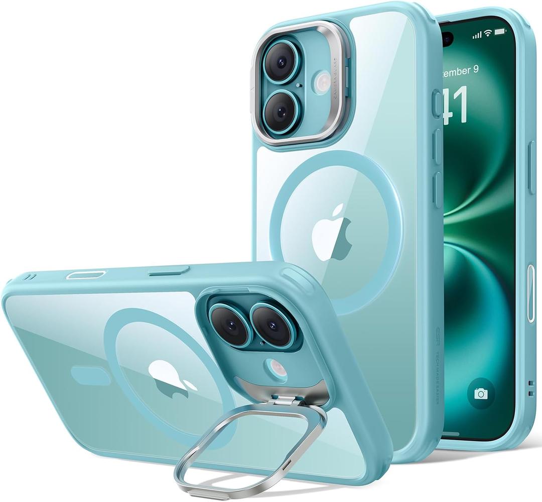 ESR for iPhone 16 Case, Compatible with MagSafe, Military-Grade Protective Case, Built-in Stash Stand Phone Case, Scratch-Resistant Back Cover, Classic Series, Clear Green