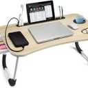 Slendor Lap Desk with Tablet Slot, Foldable Laptop Table with Storage DrawerPortable Bed Desk for Laptop, Computer Tray with Cup Holder Notebook Stand Reading Holder for Couch Floor, White Maple