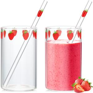 Tessco for you 2 Sets Strawberry Cups Strawberry Glass Cup with Straw Glass Tumbler Drinking Cherry Clear Tumbler Berry Pattern Glasses Bottle for Juice Water Milk Coffee Tea(Lovely)