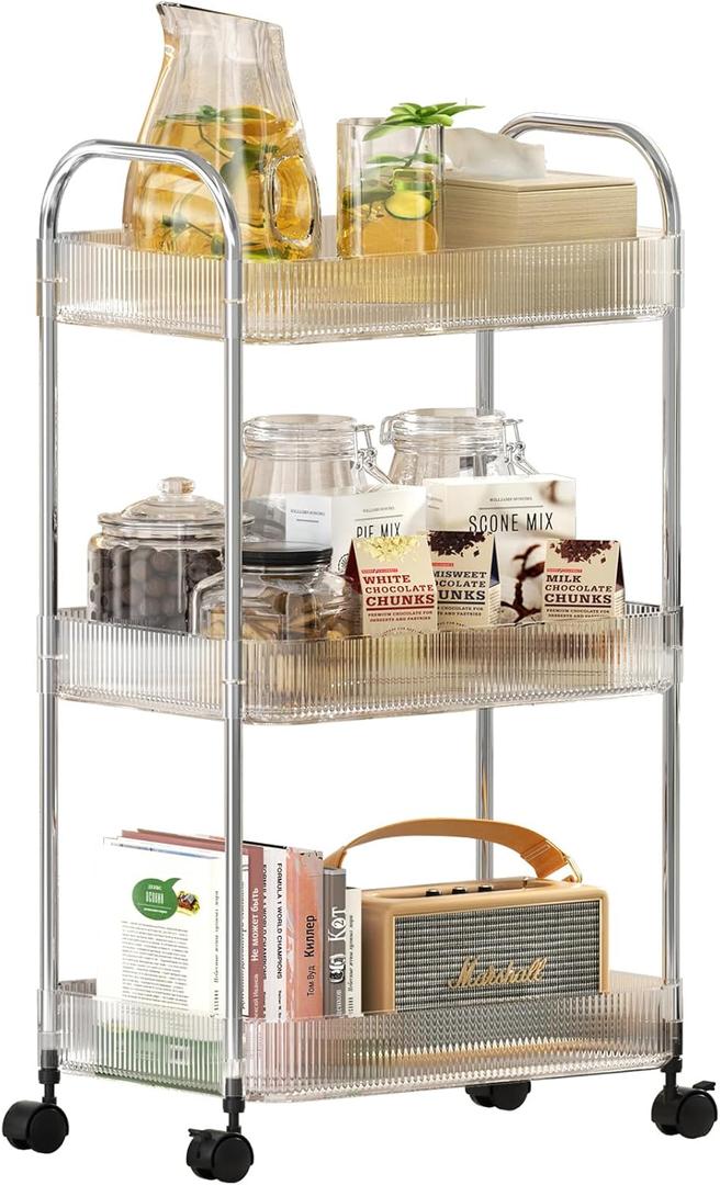 STARLATTA 3 Tier Rolling Cart with Lockable Wheels, Clear Acrylic Utility Trolley with Handle, Heavy-Duty Storage Organizer for Kitchen Bathroom Nursery Laundry - Snack Book Craft Organizer (Clear)