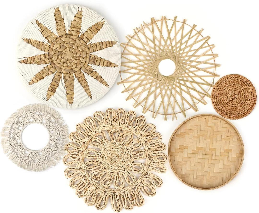 Unittype Set of 3 Boho Basket Wall Decor Wicker Rattan Rustic Hanging Wall Decor Flat Art Round Handmade for Farmhouse Living Rooms Bedrooms Home Kitchen 5.1-11.8 Inch