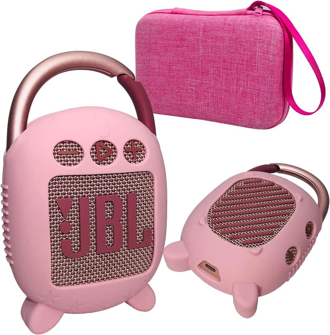 JCHPINE Hard Carrying Case and Silicone Cover for JBL Clip 4 Portable Bluetooth Speaker, Protective Travel Case Storage for JBL Clip 4 Speaker Accessories (Pink)