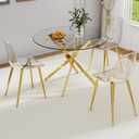 NicBex Modern 42" Dining Room Table Stylish Round Glass Dining Table with Trestle Metal Legs and Glass Tabletop for Kitchen and Living Room, Gold