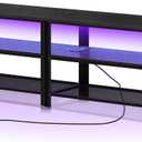 Clikuutory Modern Black 71 inch Metal TV Stand with LED Lights and Power Outlets for 50 60 65 70 75 80 Inch TVs, 3 Tier Television Stands with Entertainment Center and Storage for Living Room, Bedroom