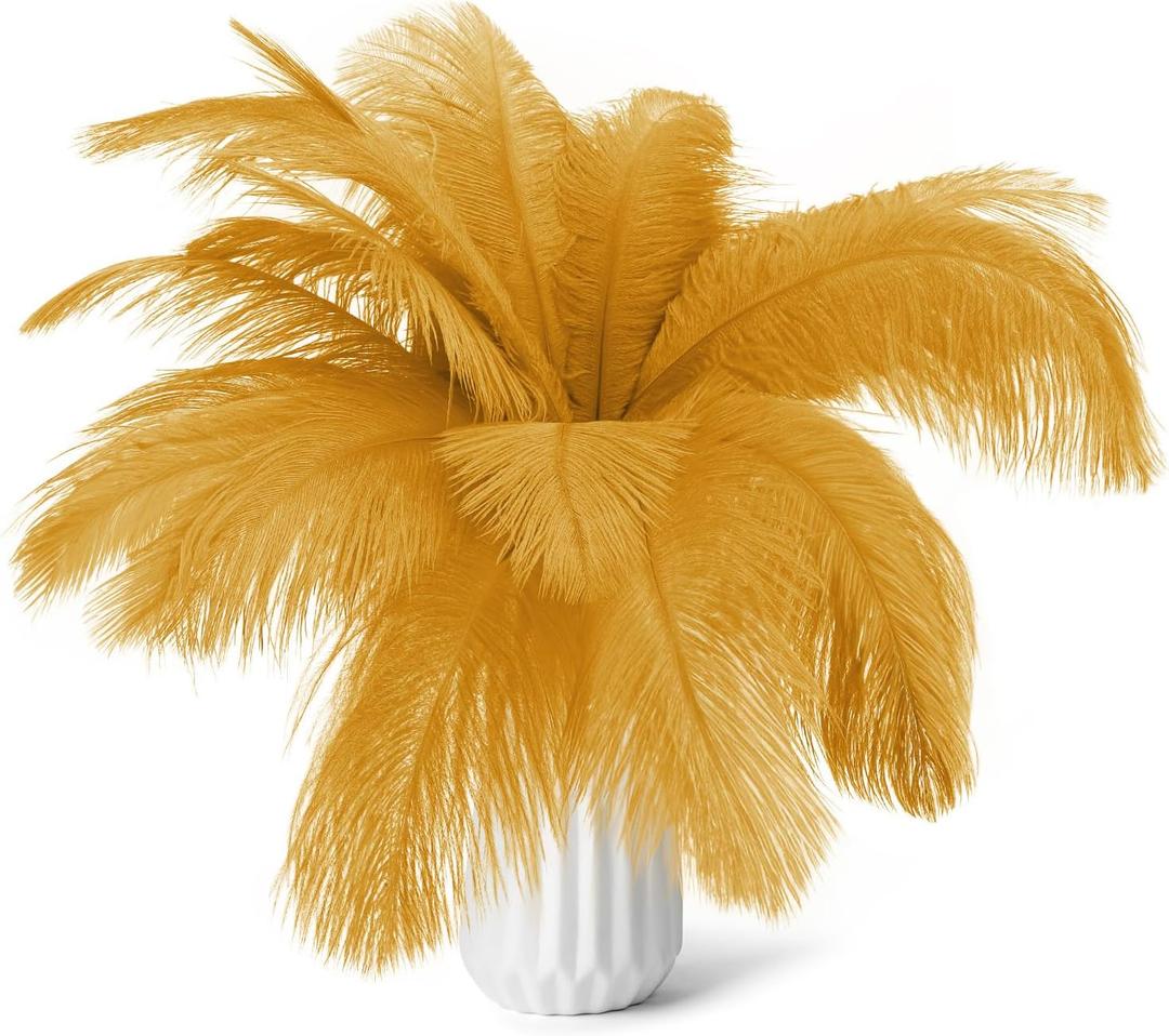 80pcs 15-17 inches (38-43 cm) Natural Bulk Ostrich Feathers Kit. Kits Contain 8-10 inches of Feathers and 7 inches of White Feather Sticks.for Various DIY Projects. (Gold, 8-10-Inch)