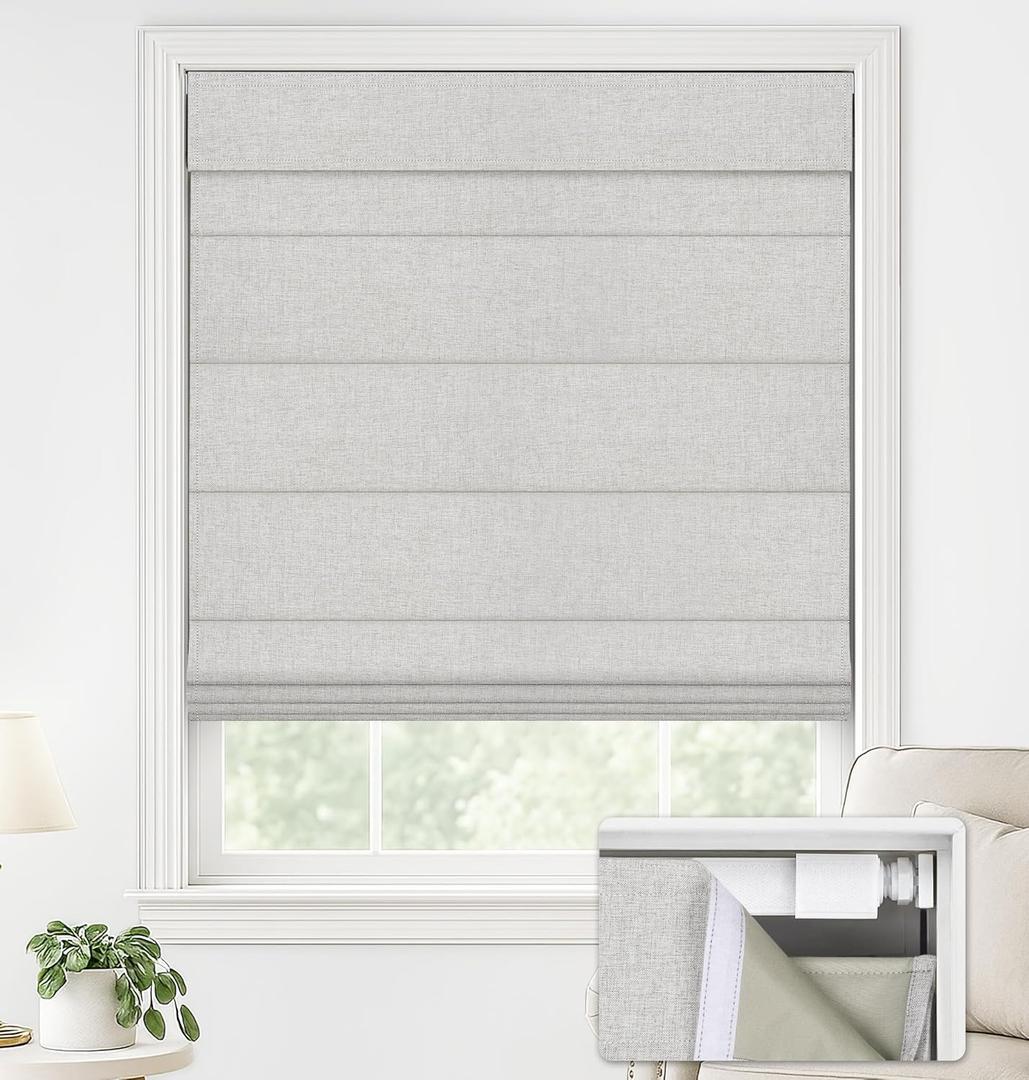 LazBlinds No Drill Roman Shades for Windows, Cordless Blackout Window Shades with UV Protection, Polyester Fabric for Bedroom & Living Room, 29" W x 64" H, Natural