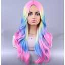MAGQOO Rainbow Long Curly Wavy Wig Colorful Fun Wigs for Women Girls Middle Part Synthetic Halloween Cosplay Party Wig