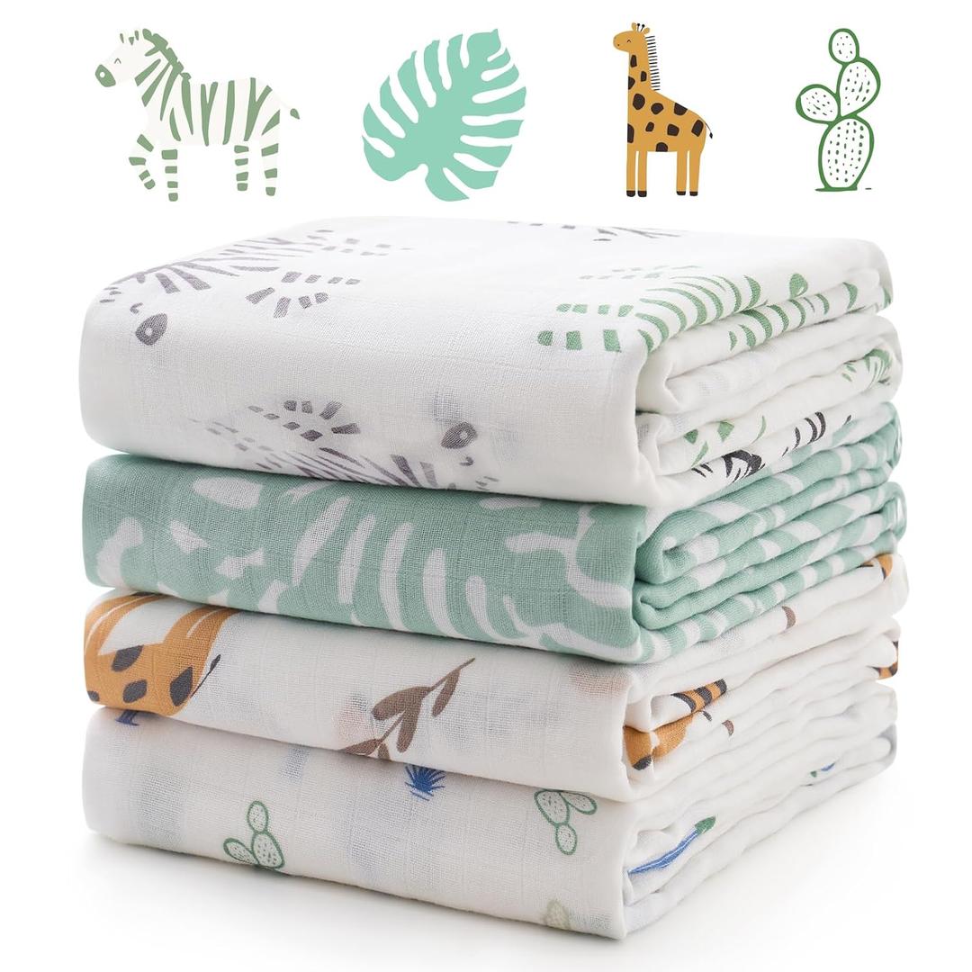 Momcozy Muslin Swaddle Blankets, 4-Pack Breathable and Skin-Friendly Receiving Blankets for Boys, Best Wishes Swaddle Blanket Shower Gifts & Baby Registry Essentials, Large 47"x47", Bravery
