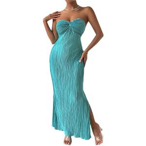 SOLY HUX Women's Twist Front Strapless Tube Dress Tie Backless High Split Vacation Maxi Dresses (Large, Solid Cadet Blue)
