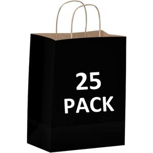 Qutuus Black Gift Bags with Handles - 25 Pcs 8"x4.5"x10" Black Paper Bags, Shopping Bags, Party Bags, Favor Bags, Goody Bags, Cub, Business Bags, Kraft Bags, Retail Bags, Paper Gift Bags (8x4.5x10 Inch (Pack of 25))