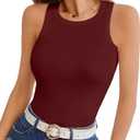 Womens Tank Tops Crew High Neck Sleeveless Ribbed Shirts Slim Fitted Top Summer Basic Casual Blouses Tee, Wine Red XL