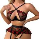 Lace Sets for Women Sexy Wear Garter Lingerie Set for Women 3 Piece Red Lace Crop Top Floral Embroidered Teddy (XL)
