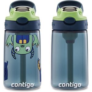 Contigo Aubrey Kids Cleanable Water Bottle with Silicone Straw and Spill-Proof Lid Blueberry & Monsters 14 Ounce 2-Pack