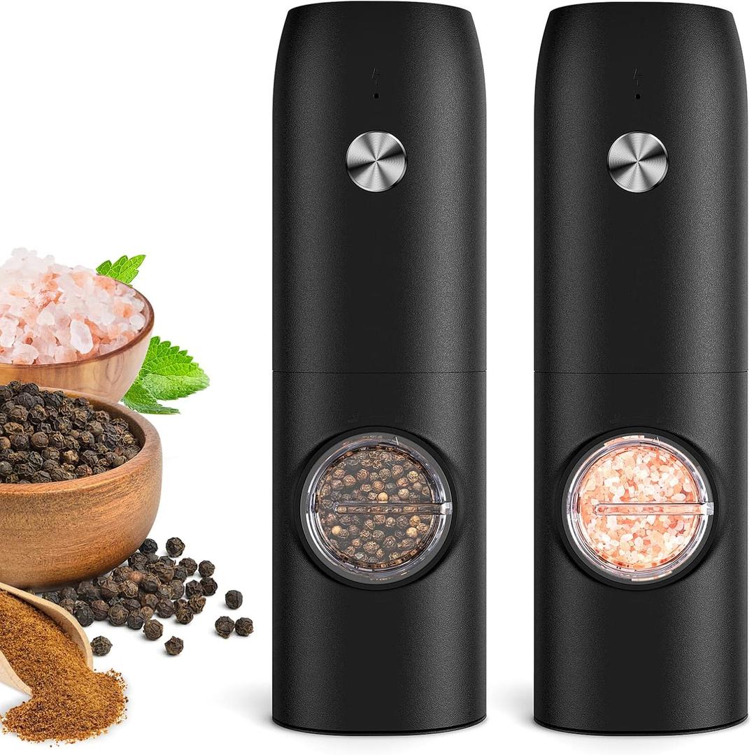 Electric Salt and Pepper Grinder Set, Rechargeable Automatic Pepper Mill Grinder with LED Light, Adjustable Coarseness shakers, One-Hand Operation for Kitchen Appliances(2 Pack Black)