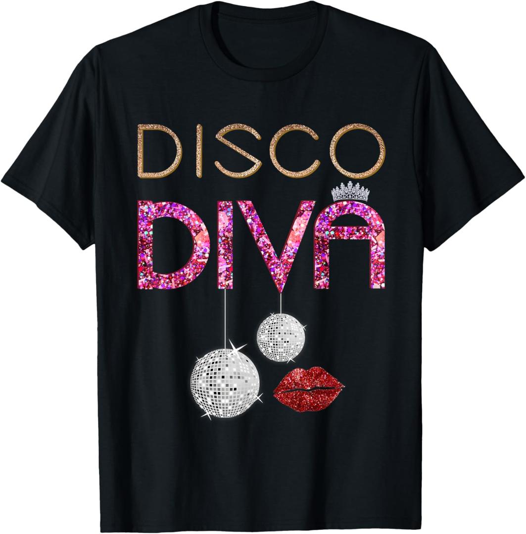 Disco Diva Ladies Disco Gold Ball Silver Red Lips T-Shirt, Medium