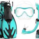 OutdoorMaster Marlin Kids Mask Fins Snorkel Set, Dry Top Snorkeling Gear with Adjustable Fins, Anti-Fog Snorkel Mask Set for Boys and Girls Age 6-16 (Cyan)