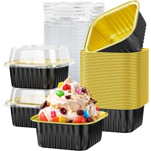 40 Pack 5 OZ Mini Cake Pans with Lids, Disposable Square Aluminum Foil Brownie Baking Cups, Mini Aluminum Foil Cupcake Muffin Tin Ramekins, Flan Molds Cake Containers for Wedding Birthday Party, Black