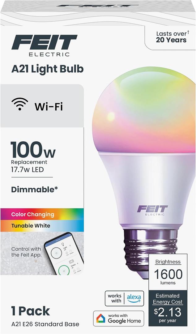 Feit Electric Smart Bulb, 100W Equivalent Color Changing and Tunable White, 2.4Ghz Wifi light bulb, No Hub Needed, Works with Alexa and Google Assistant, High CRI Dimmable LED OM100/RGBW/CA/AG, 1 Pack