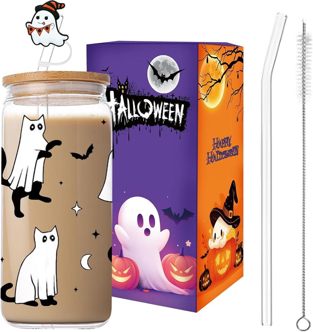 Halloween Ghost Glass Cups,18oz Glass Cup with Lid & Straw, Spooky Gifts for Halloween Lovers