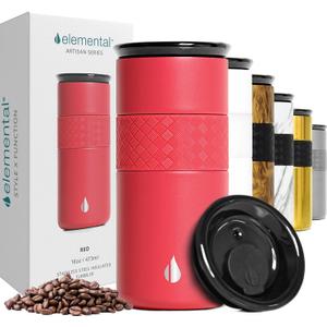 Elemental Artisan Insulated Tumbler, Triple Wall Coffee Travel Mug, Reusable Stainless Steel Coffee Tumbler with Ceramic Lid, Thermal Coffee Cups for Hot (6 Hrs) & Cold (18 Hrs), 16oz - Red