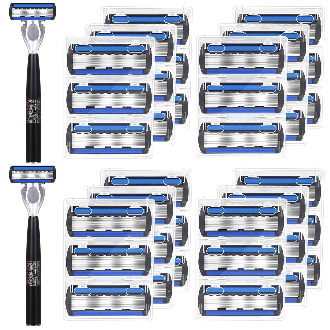 40 Pcs Disposable Men's Razors Set 6-blade Sensitive Skin Refillable Razor Kit for a Comfortable Shave, 2 Handles and 38 Cartridges