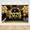 MEHOFOND 7x5 ft Black and Gold 2026 Happy New Year Backdrop Cheers to 2026 New Year Eve Glitter Photography Background Hello 2026 Party Champagne Balloon Fireworks Decor Banner Cake Smash Photo Props