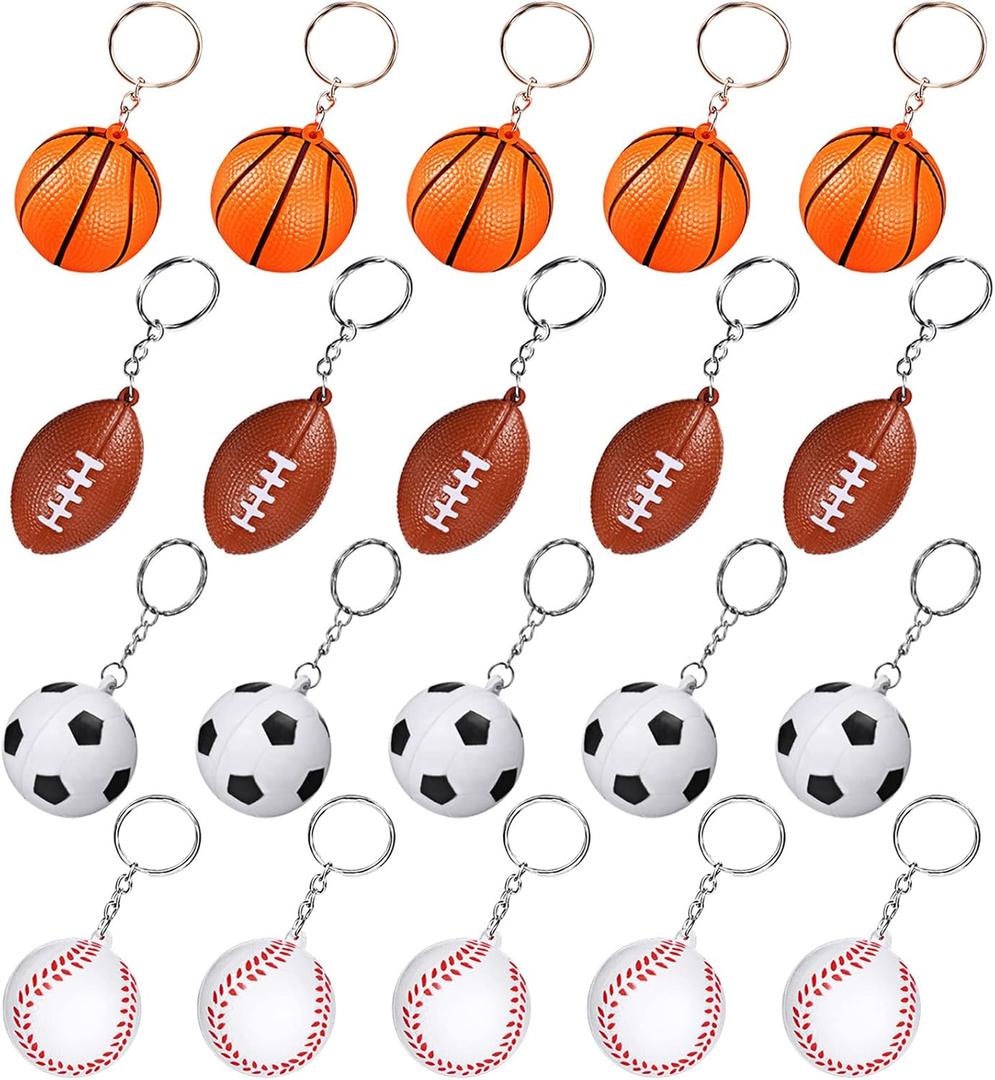 Blulu 20 Pack Sport Party Favors Ball Keychains for Kids, Mini Foam Ball Keychains with Soccer Football Basketball Baseball for Boys Goodie Bags, School Carnival Reward, Stress Relief Fidget Toys